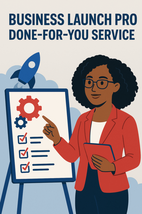 Flat-style digital illustration featuring a Black woman with natural curly hair, glasses, and a red blazer, pointing to a whiteboard with a checklist and growth chart. A blue rocket launches behind her. The title “Business Launch Pro Done-For-You Service” appears clearly at the top in bold navy-blue text.